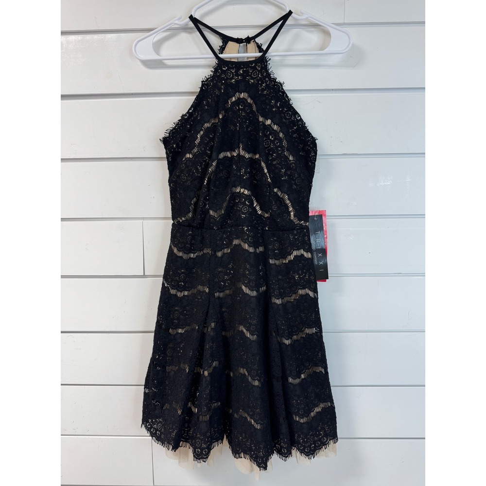 Trixxi Black Lace Halter Cocktail Dress Nude Lining Tulle Hem NWT